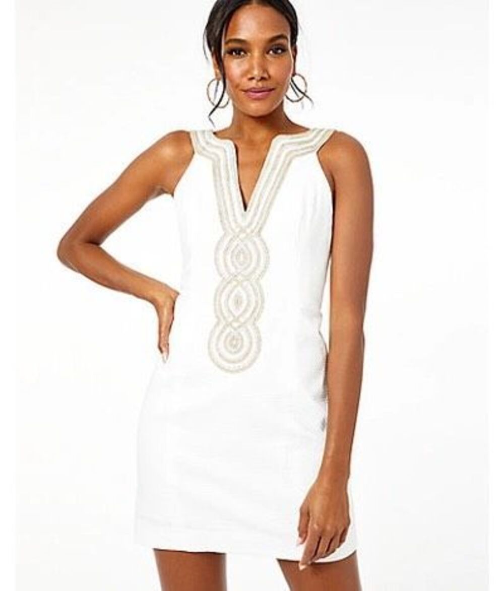 Lilly Pulitzer Valli Shift Dress in resort white embellished V-neck trim sz 14